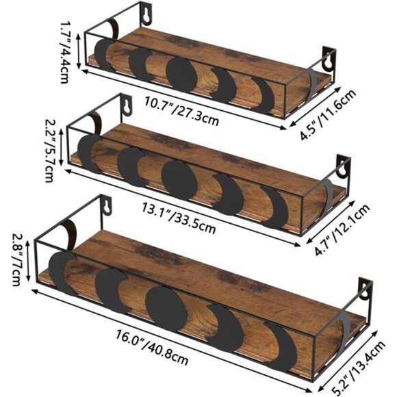 Black and Brown Floating Wall Shelves, Set of 3 Moon Phase Decorative Small - Picture 3 of 7